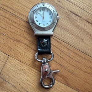 Silver and Black Clip-On Watch with Compass